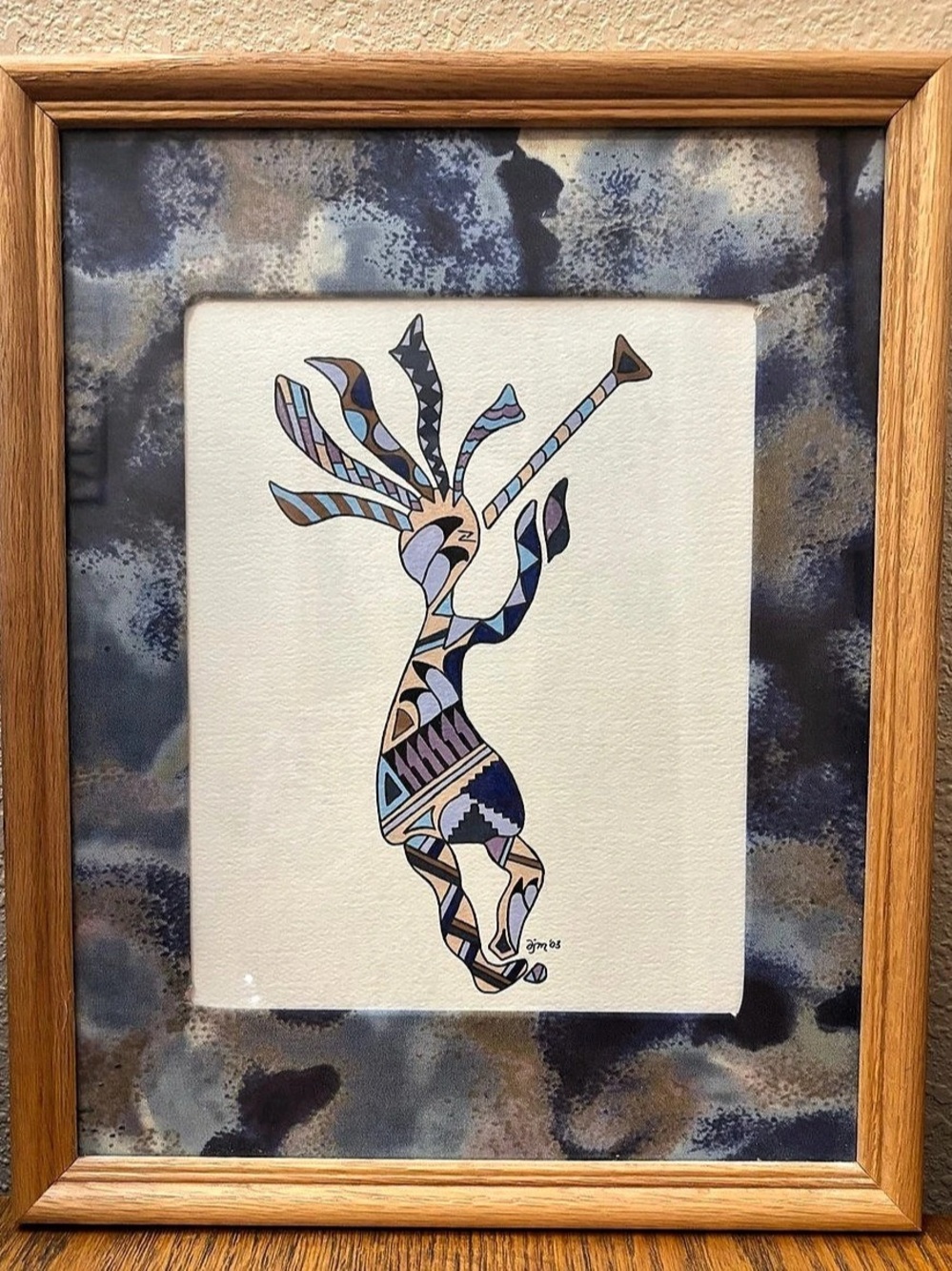 Framed Geometric Giraffe Art Print in Blue & Brown